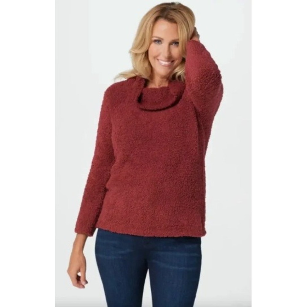 Barefoot Dreams Sweater Womens XL Red CozyChic Cowl Neck Popcorn Knit Pullover